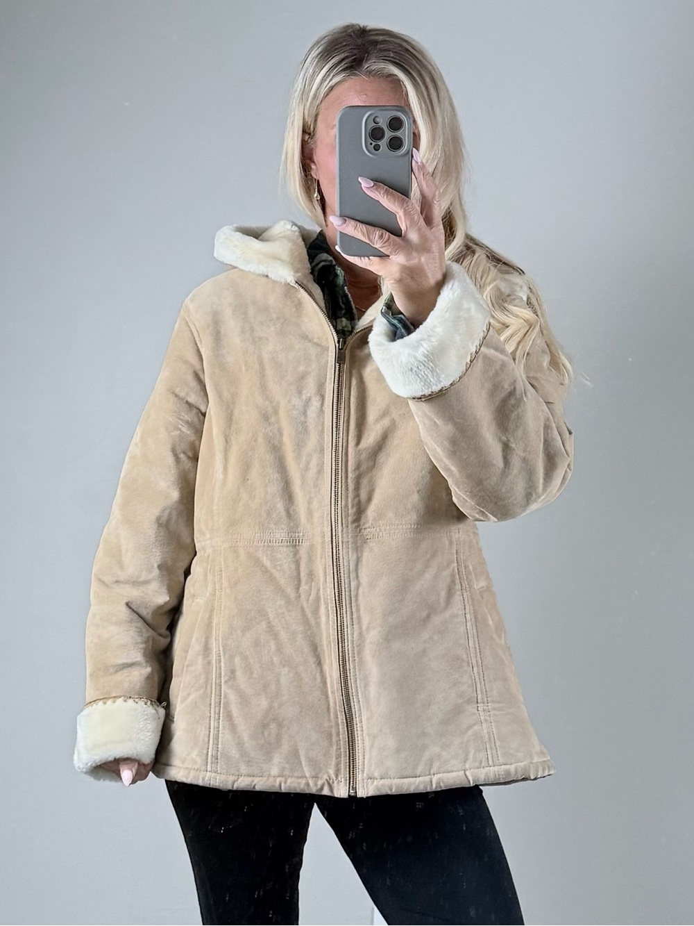 Vintage suede tan with Faux-Shearling Hooded Jacket 90s